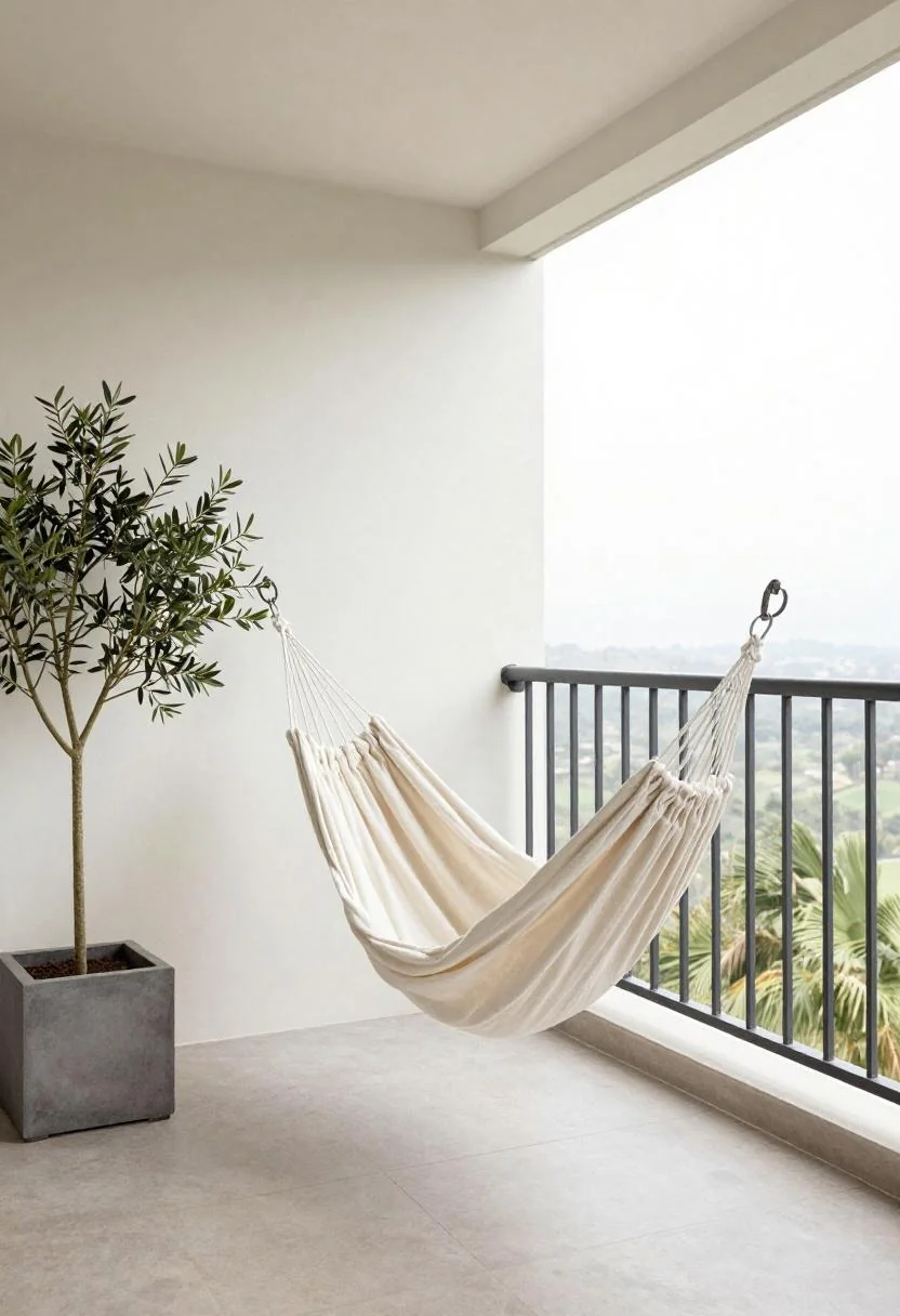 Cream linen hammock chair and slate-potted olive tree on a minimal boho balcony in morning light