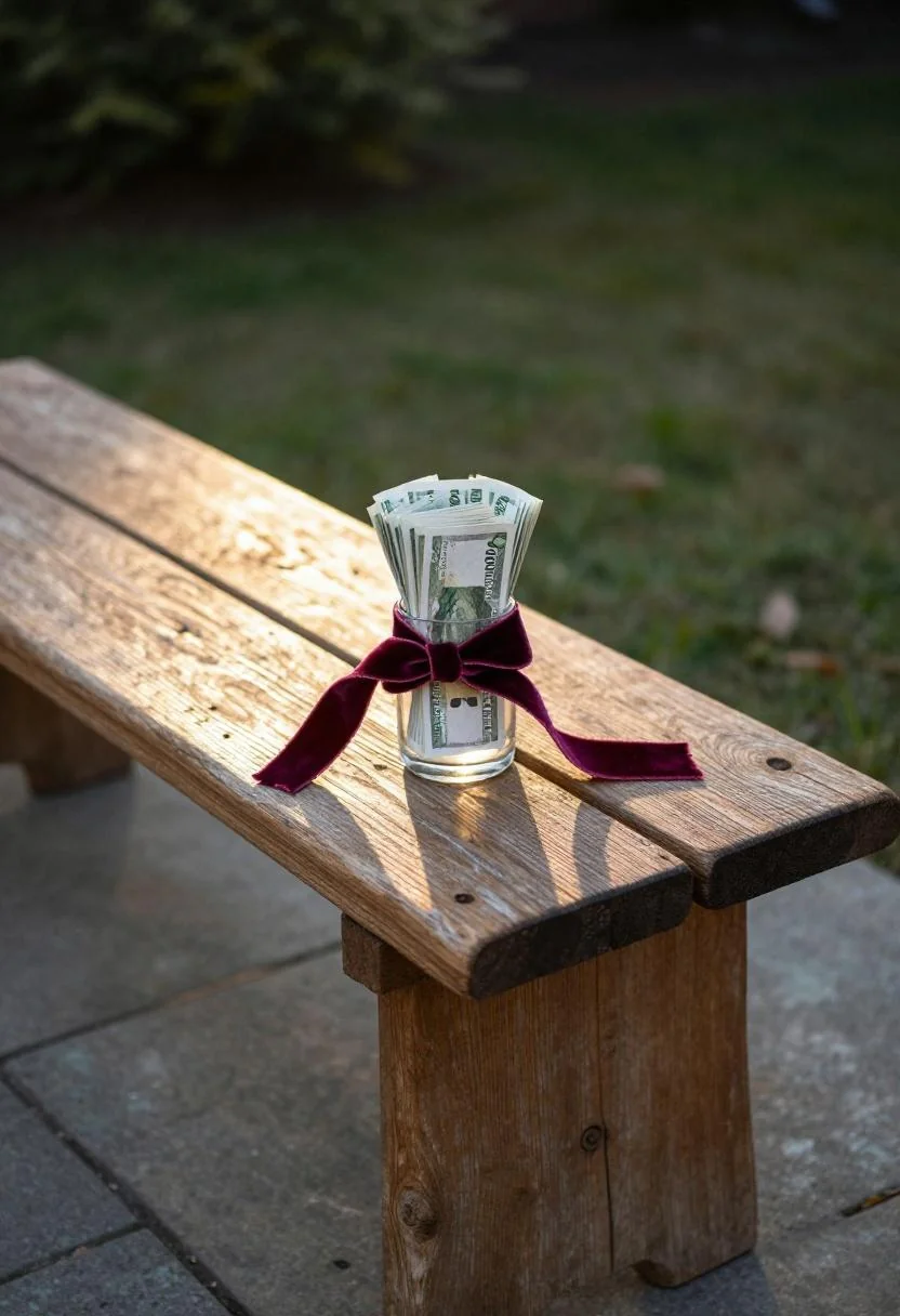 Cash bouquet with plum noir velvet ribbon displayed on a weathered oak potting bench at golden hour