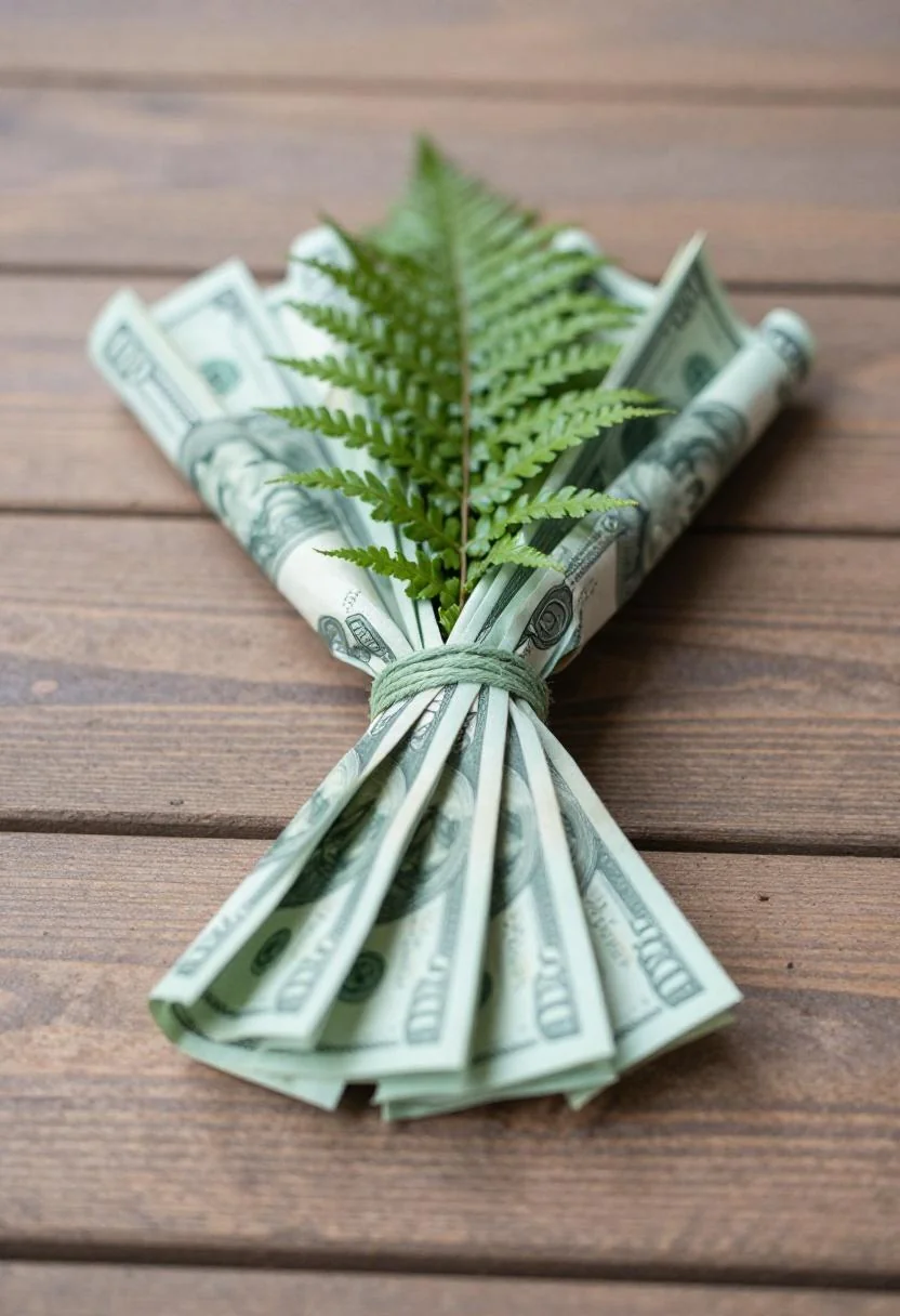 Cash bouquet with wasabi green twine resting on a cedar deck plank beside a single fern frond