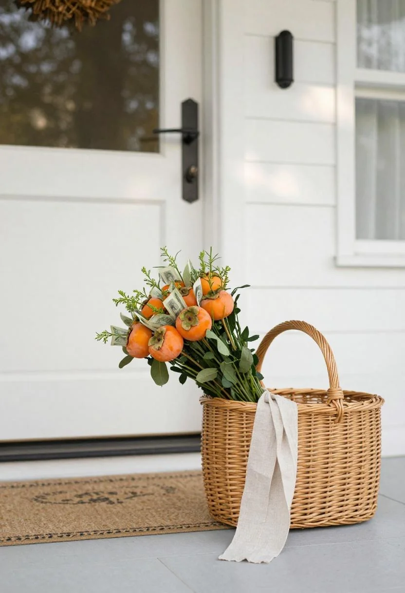 Cash bouquet with persimmon ribbon nestled in a wicker basket beside a cottage porch door
