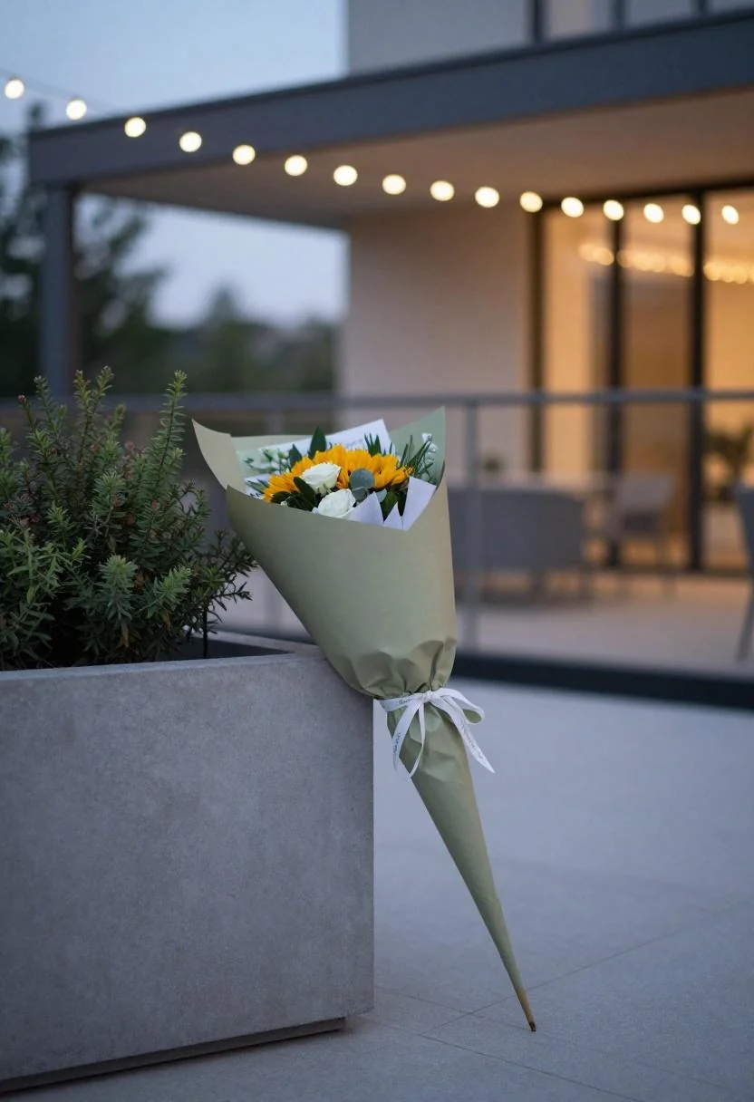 Cash bouquet in a plum noir velvet pouch on a drink stand beside an outdoor fire pit at dusk