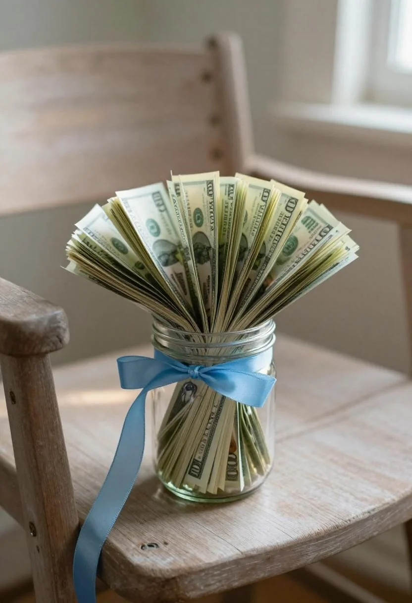 Cash bouquet wrapped in cream white linen displayed on a slate stone beside a Japanese zen raked gravel garden