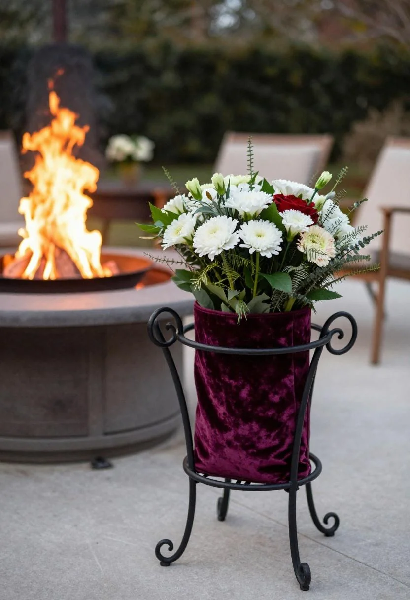 Cash bouquet in a plum noir velvet pouch on a drink stand beside an outdoor fire pit at dusk