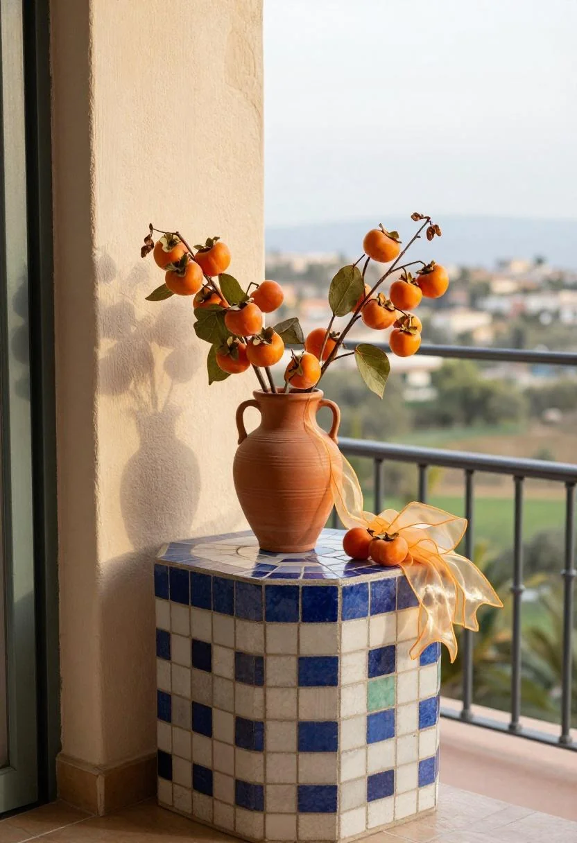 Cash bouquet with persimmon organza ribbon in a terracotta amphora on a mosaic balcony table at golden hour