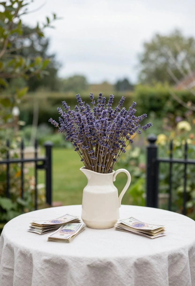 Cash bouquet with dried lavender in a cream white ceramic pitcher on a linen-covered cottage garden table