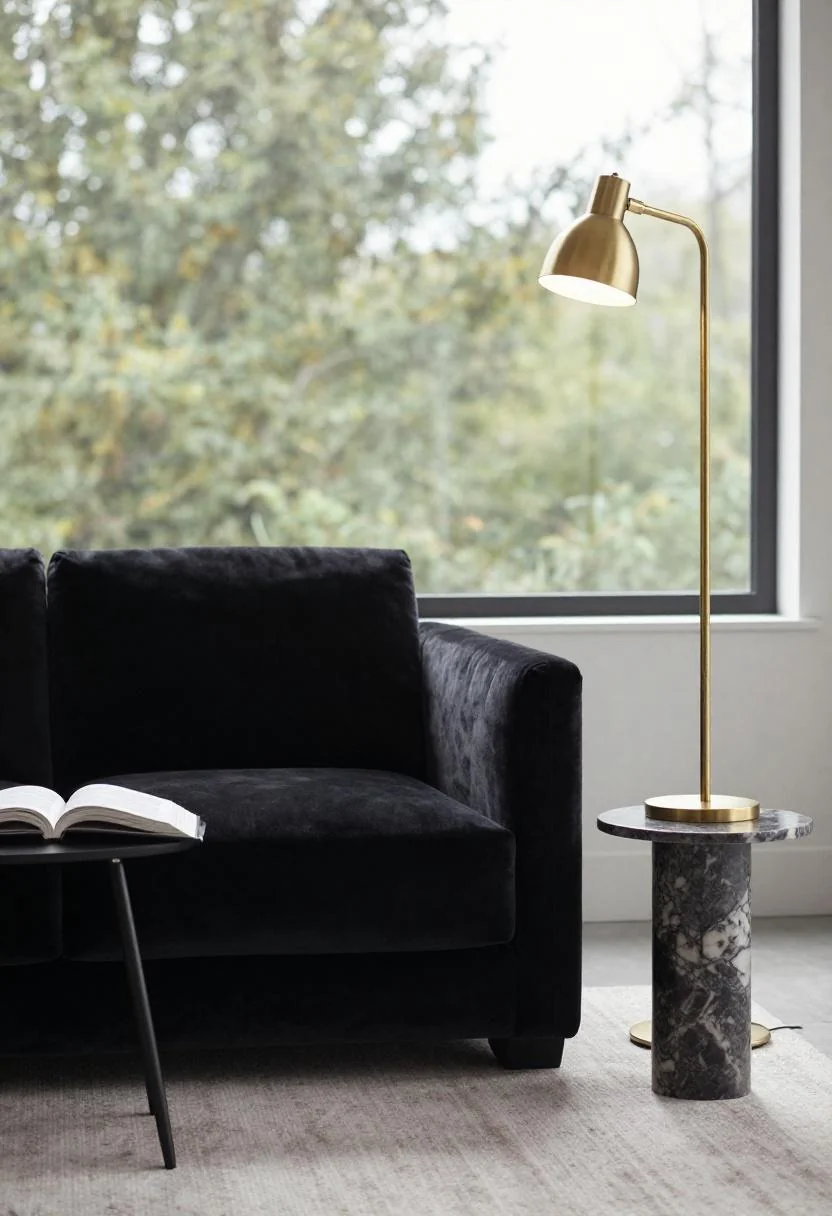 Plum noir velvet armchair with brass lamp in a cozy reading corner