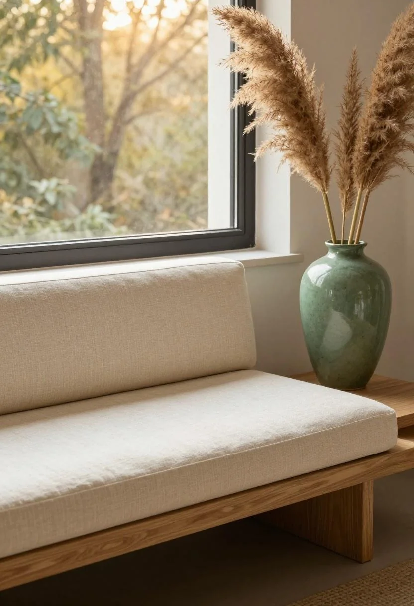 Jade green ceramic vase brightening a Japandi reading nook at golden hour
