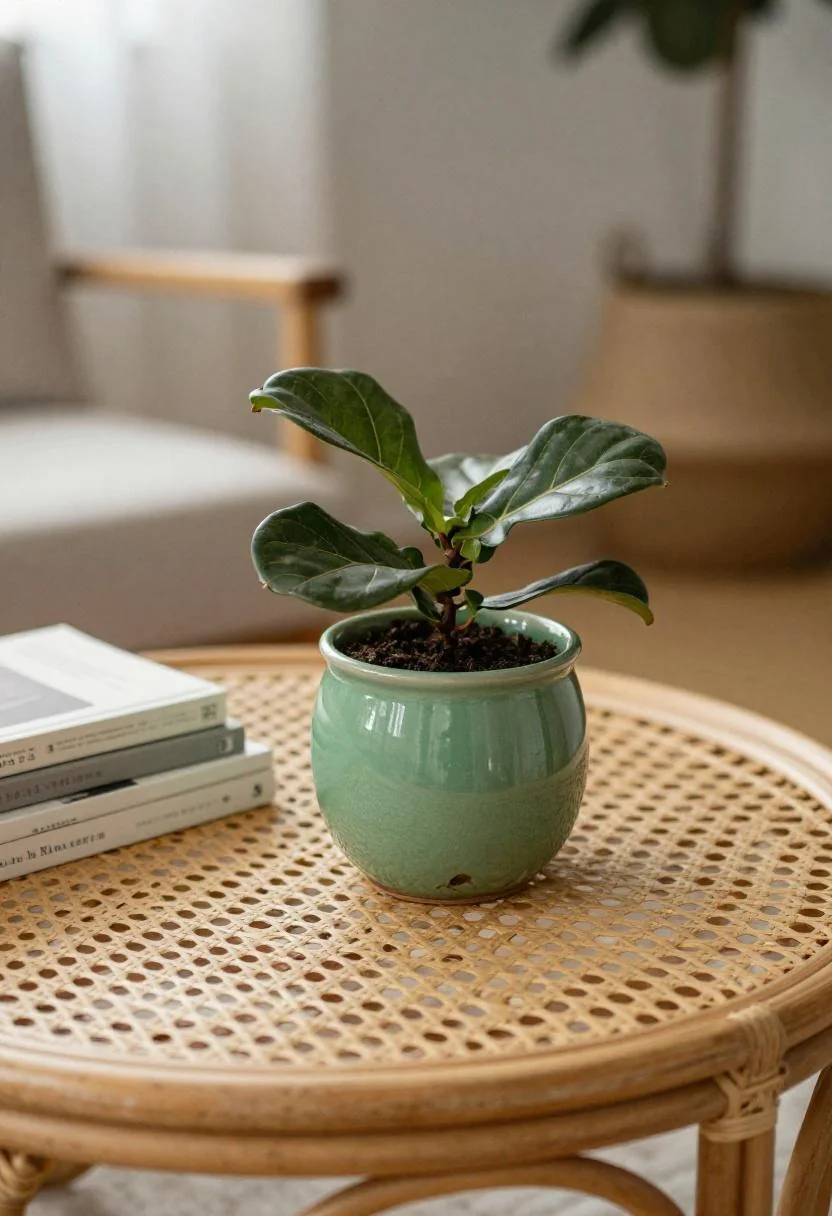 Wasabi green ceramic pot with fiddle leaf fig on a rattan coffee table