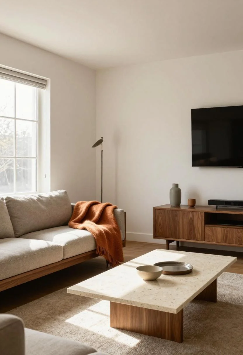 Persimmon wool throw draped over a mid-century walnut sofa