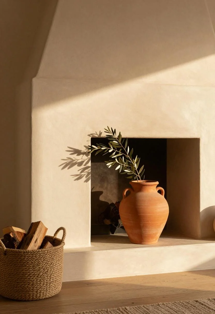 Warm terracotta clay pot by a fireplace hearth in golden hour light