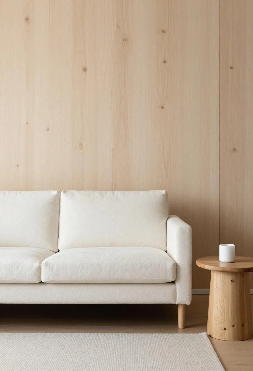 Cream white bouclé sofa in a Scandinavian birch-paneled room