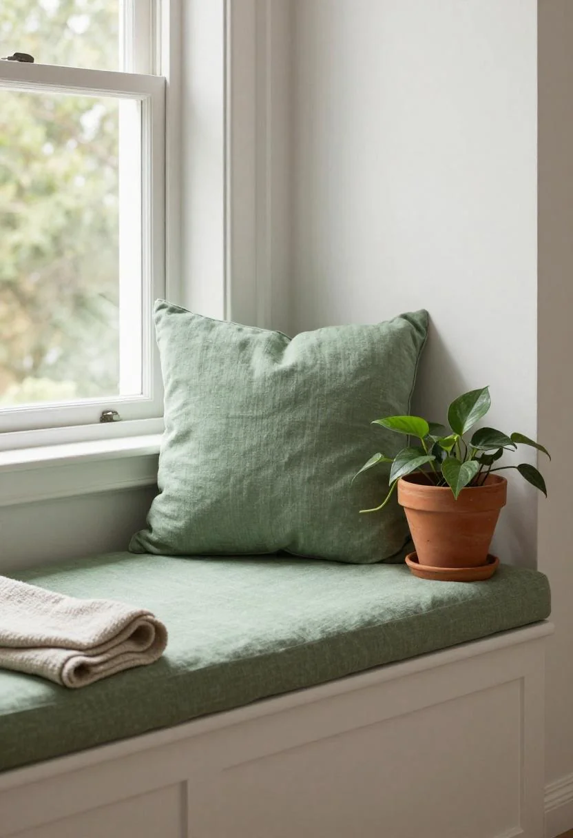 Sage green window seat with trailing pothos in warm morning sunlight