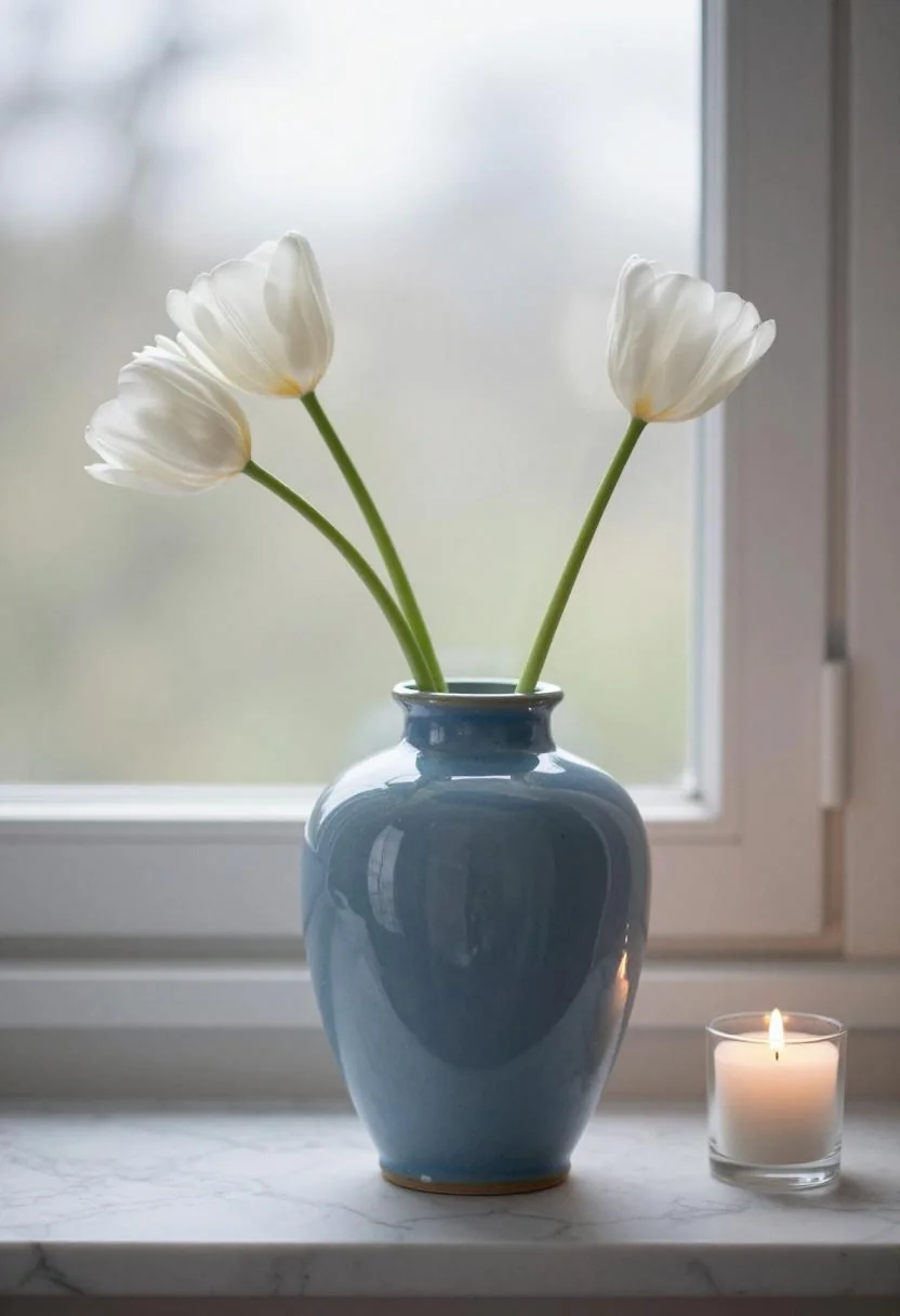 Cool blue ceramic vase with white tulips on a marble shelf in soft daylight