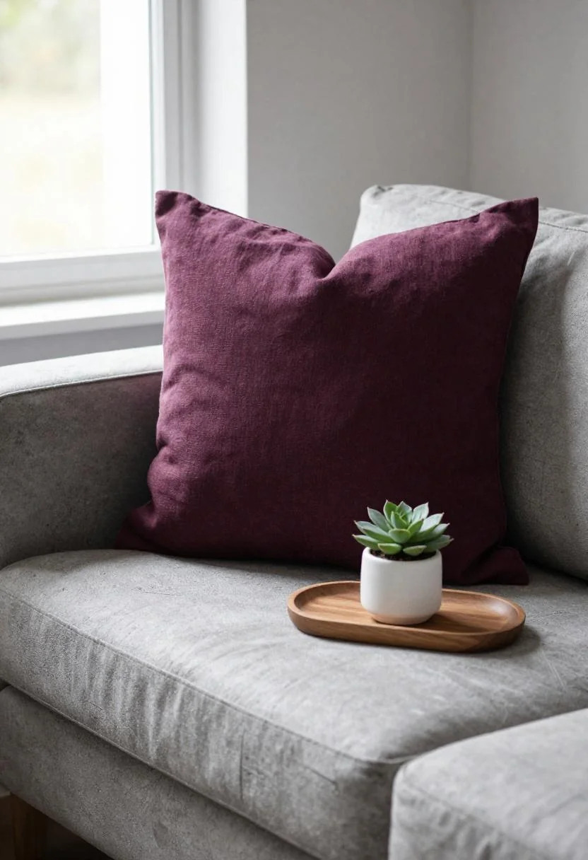 Plum noir linen pillow accenting a concrete sofa with succulent tray detail