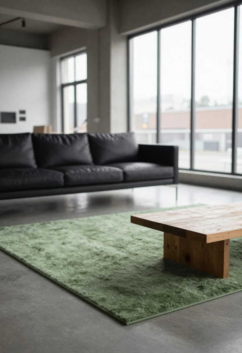 Jade green wool rug anchoring an industrial living room with steel and concrete