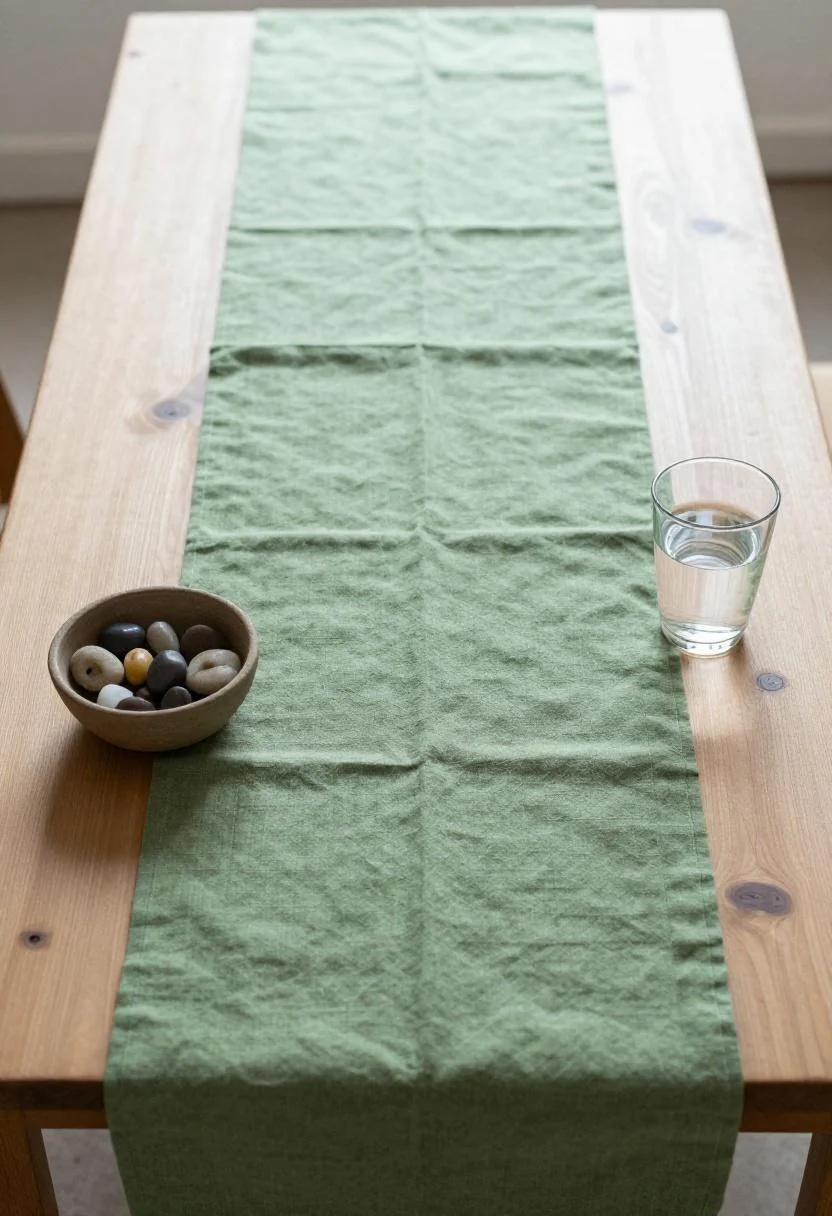 Wasabi linen runner on a walnut coffee table in a clean overhead composition