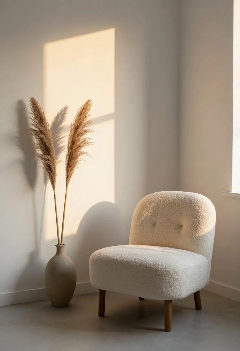 Persimmon velvet accent chair beside dried pampas grass at golden hour