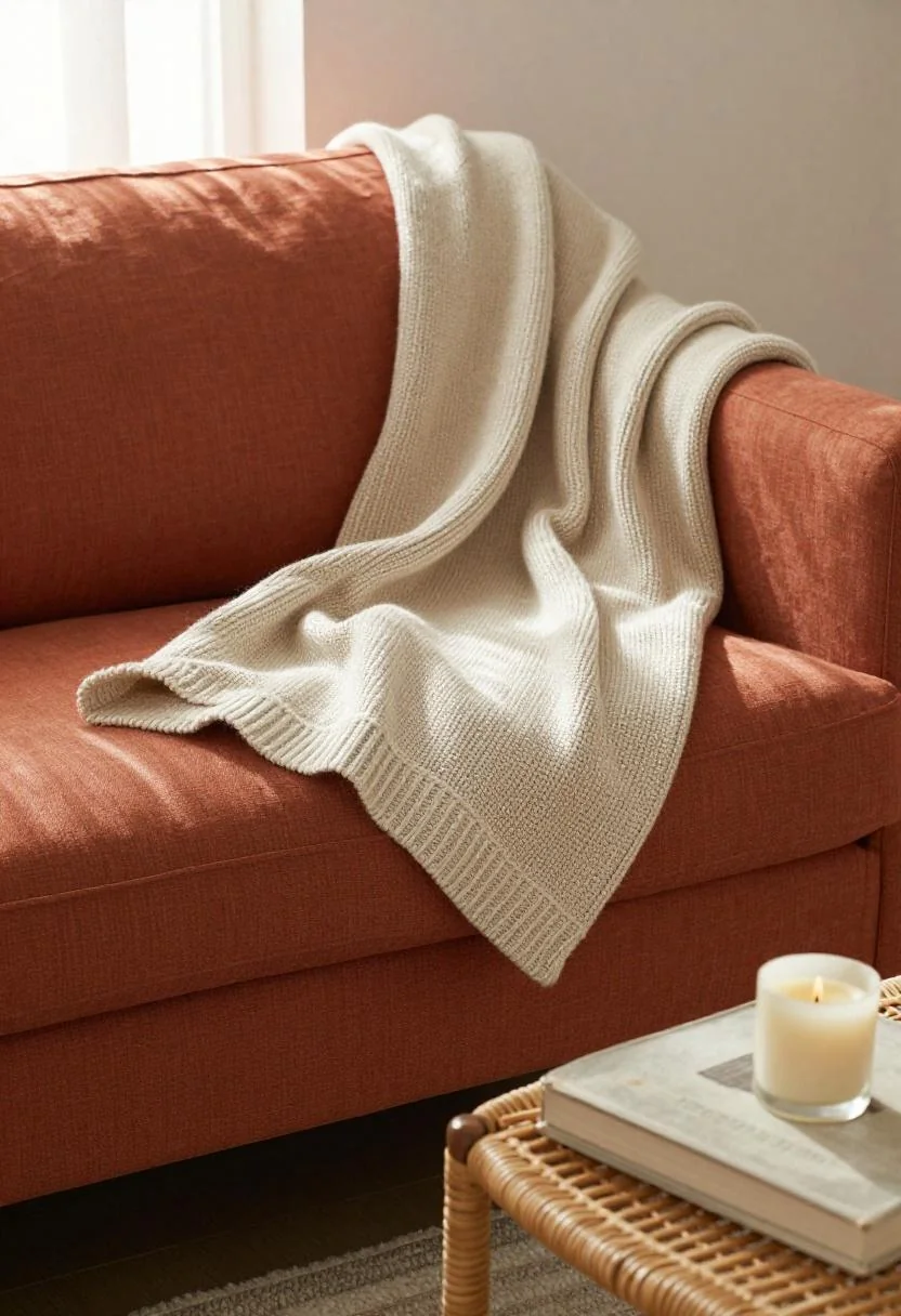 Warm terracotta sofa with knit throw and beeswax candle in morning light