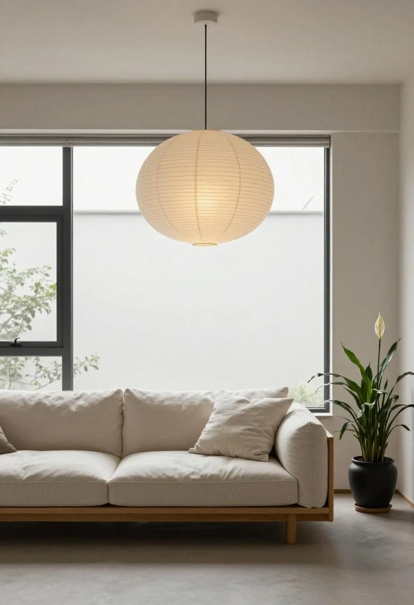 Cream white washi pendant lamp in a tranquil Japandi living room
