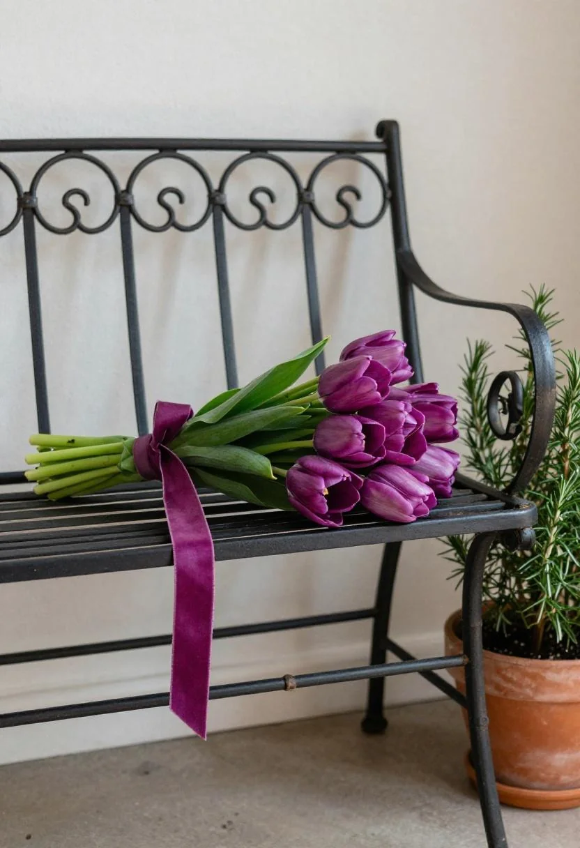 Deep purple tulip bouquet with plum ribbon on a wrought iron garden bench at golden hour