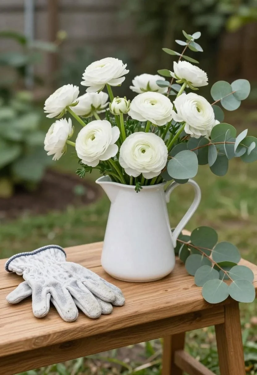 White ranunculus and jade eucalyptus in a ceramic pitcher on a cedar potting bench