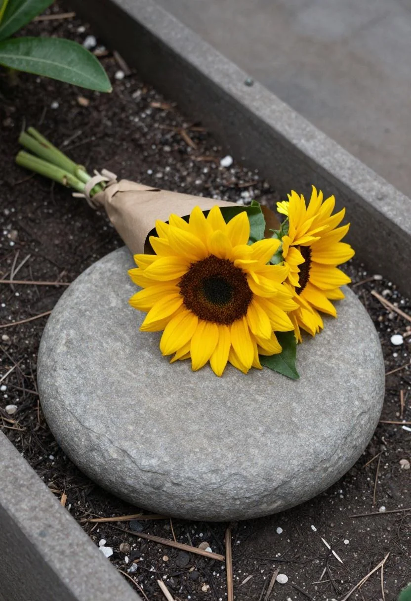 Kraft-wrapped sunflower and chartreuse mum bouquet on a slate stepping stone beside a raised bed