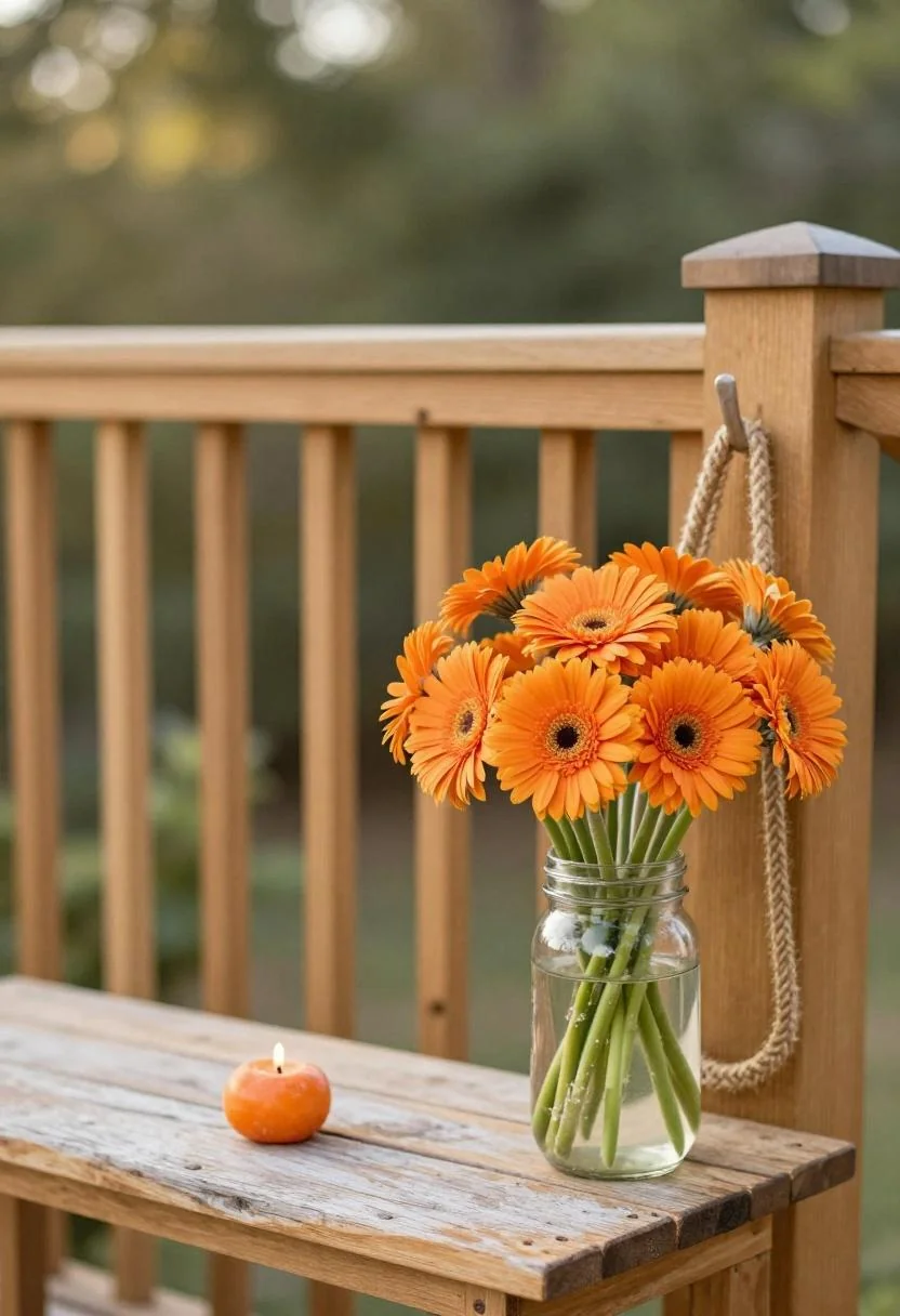 Persimmon gerbera bouquet in a mason jar hanging from a teak deck railing at golden hour