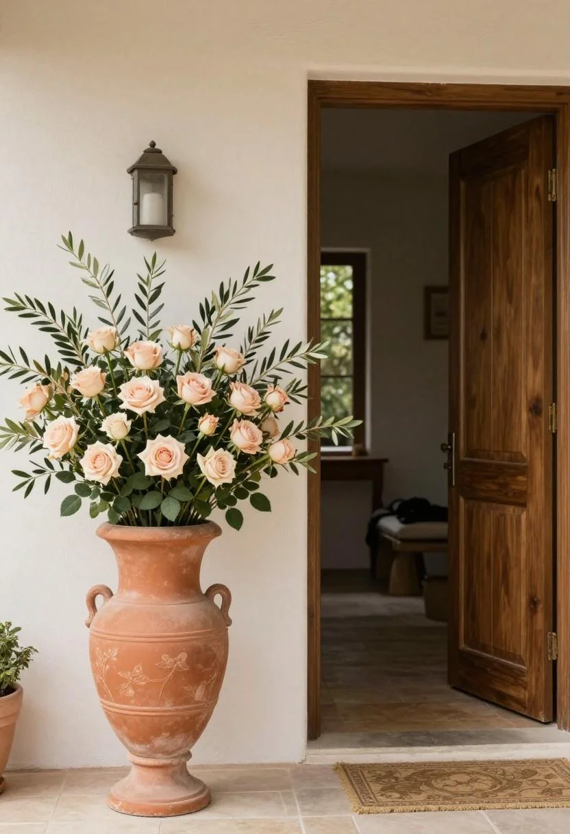 Rose and olive branch bouquet in a terracotta urn flanking a Mediterranean porch doorway