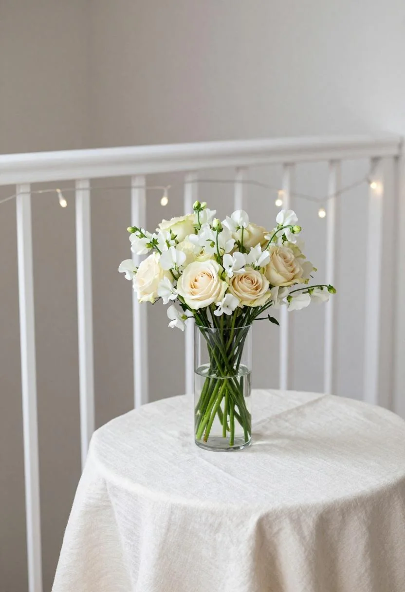 Cream spray rose bouquet in a glass vase on a linen-draped balcony bistro table at dusk