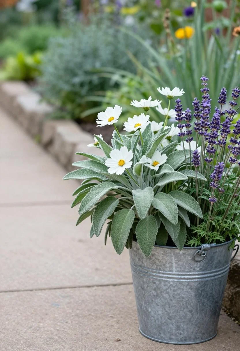 Mixed bouquet of lamb's ear and cosmos in a galvanized bucket along a cottage garden path