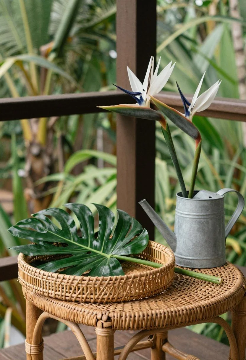 Bird-of-paradise and jade tropical leaf bouquet on a rattan tray on a tropical porch table