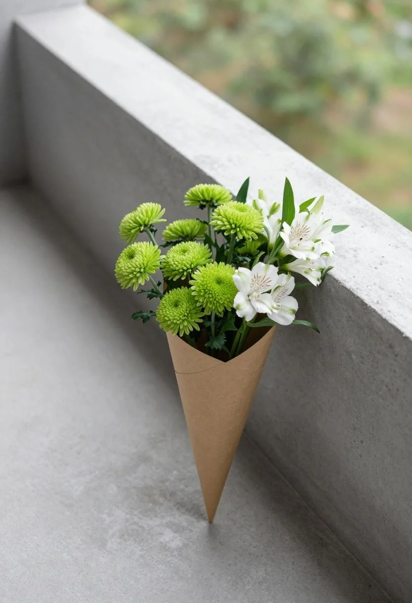 Wasabi spider mum bouquet in kraft paper cone resting against a concrete balcony wall