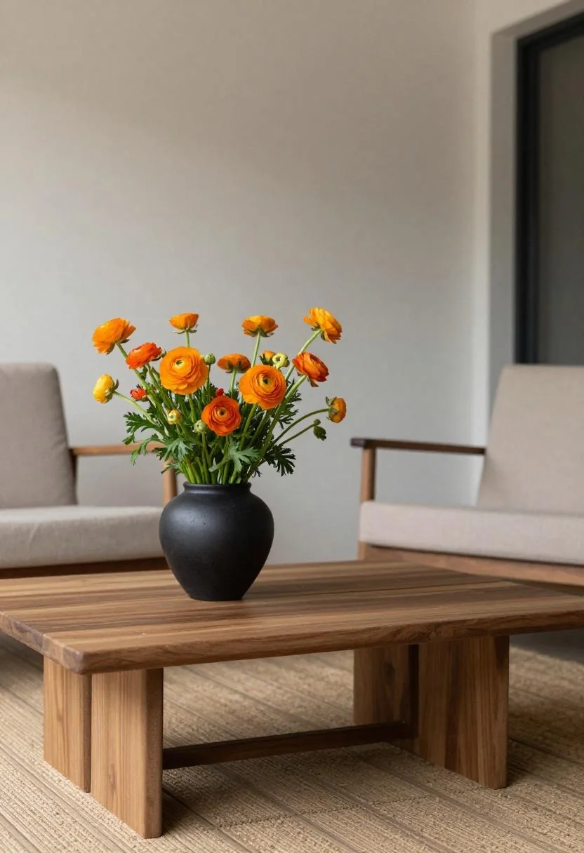 Persimmon ranunculus in a matte black ceramic pot anchoring a modern walnut deck coffee table