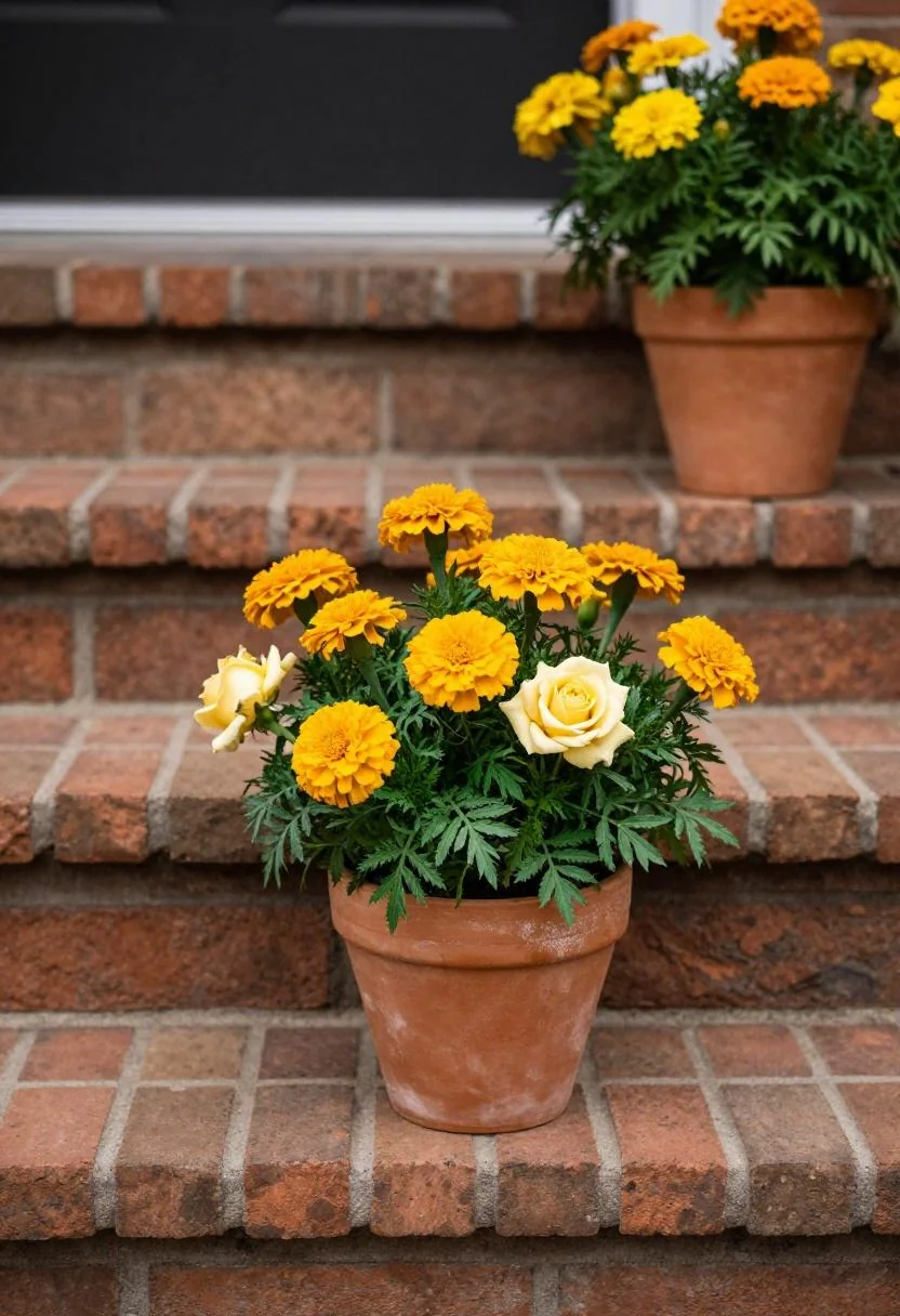 Marigold and rose bouquet in a terracotta pot at the corner of brick porch steps