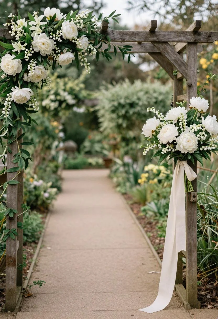 White peony and lily of the valley bouquet tied with cream ribbon to a cedar garden arbor post