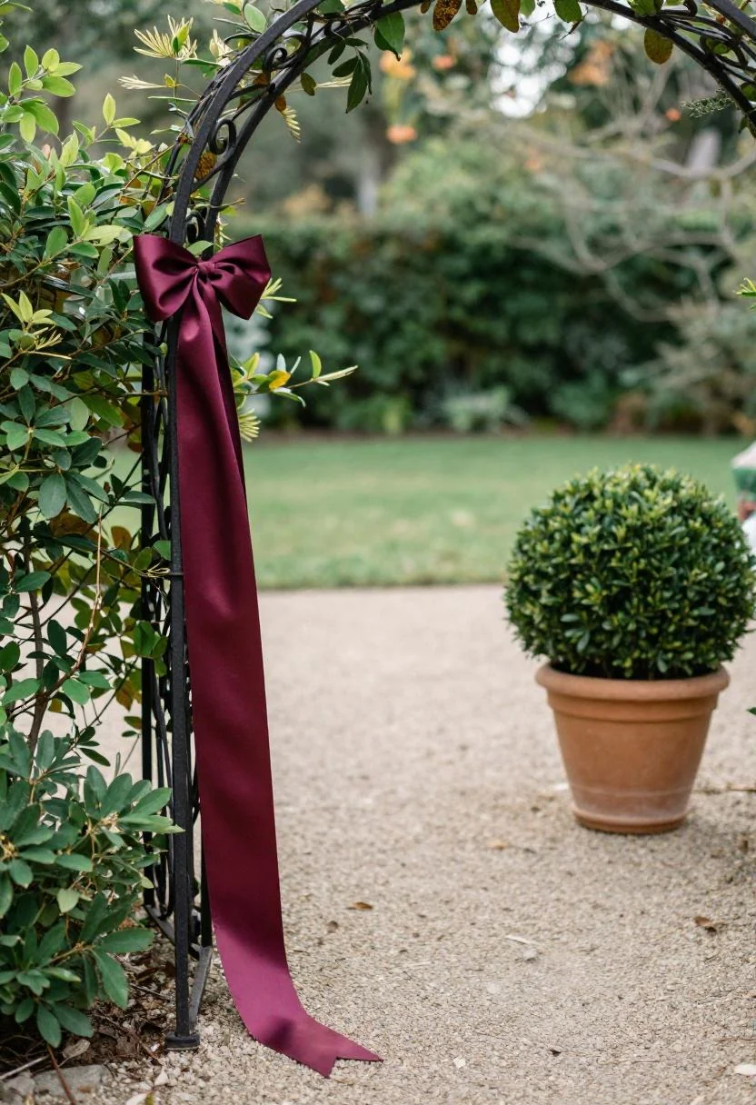 Wrought-iron garden arch with plum noir ribbon marking a graduation party entrance