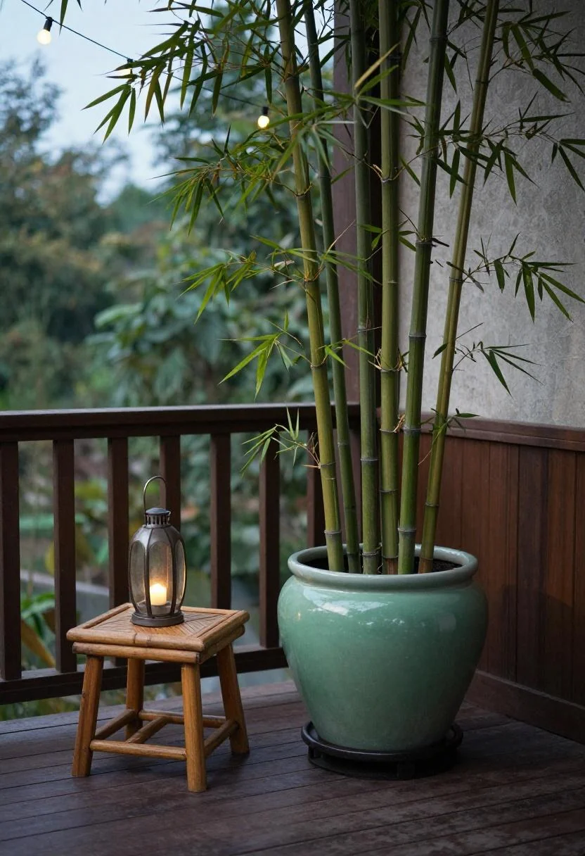 Jade green bamboo planter and lantern on a teak deck corner lit by string lights at dusk