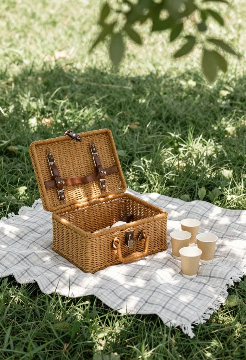 Rattan picnic basket with wasabi paper cups on a linen blanket for a casual graduation lawn party