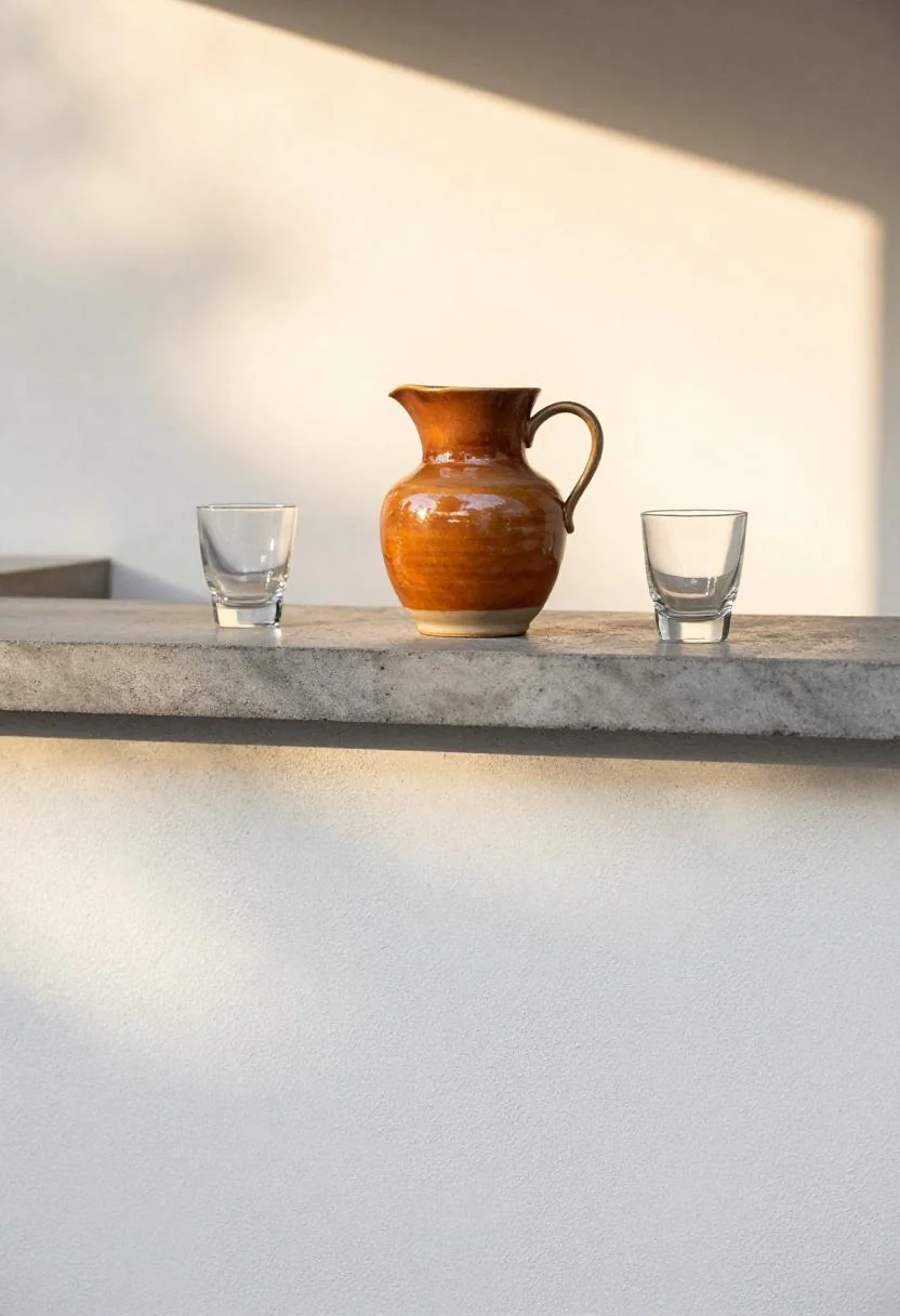 Persimmon ceramic pitcher on a concrete bar cart set up for backyard graduation drinks