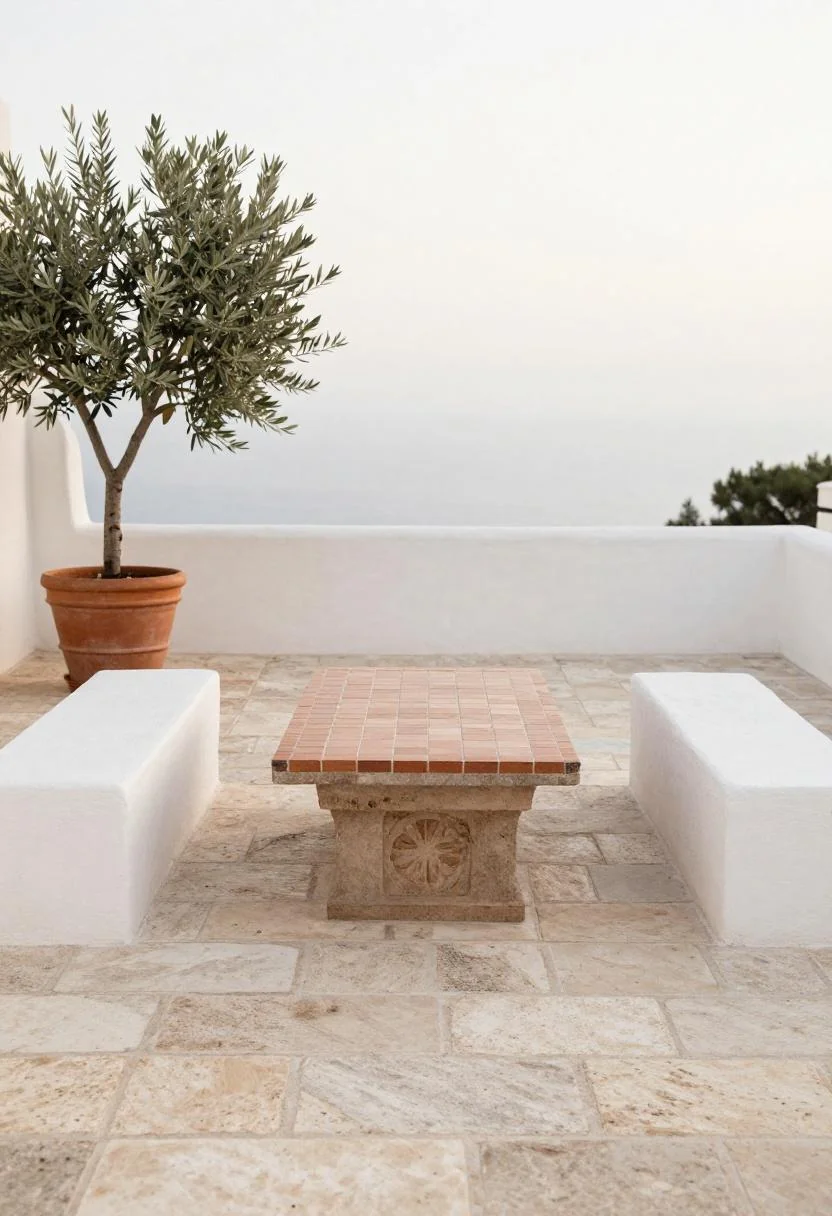 Mosaic tile table flanked by concrete benches on a Mediterranean stone patio for an outdoor graduation gathering