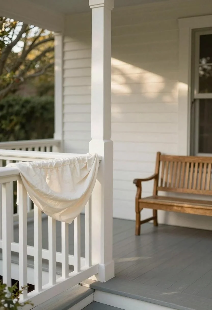 Cream white cotton bunting and acacia bench on a front porch for a graduation party arrival