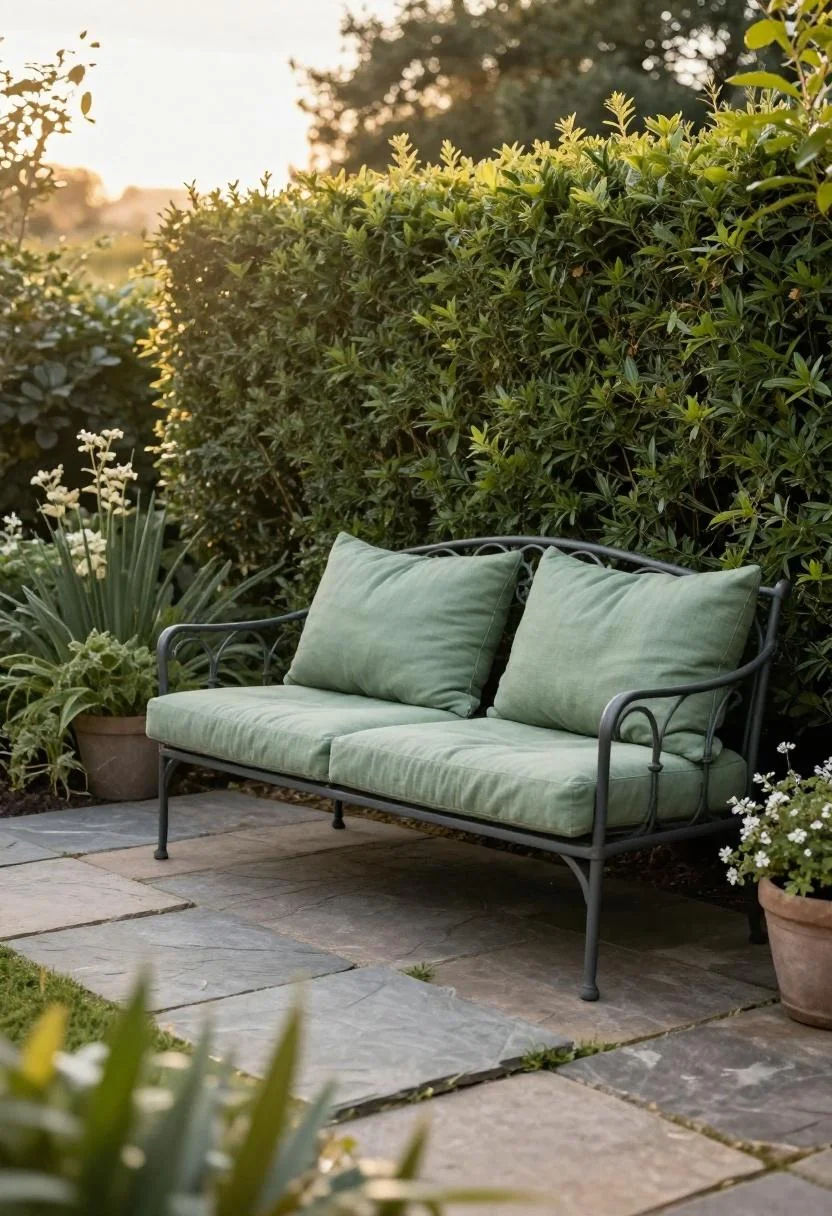Wrought-iron loveseat with sage green linen cushions tucked against a cottage garden hedge