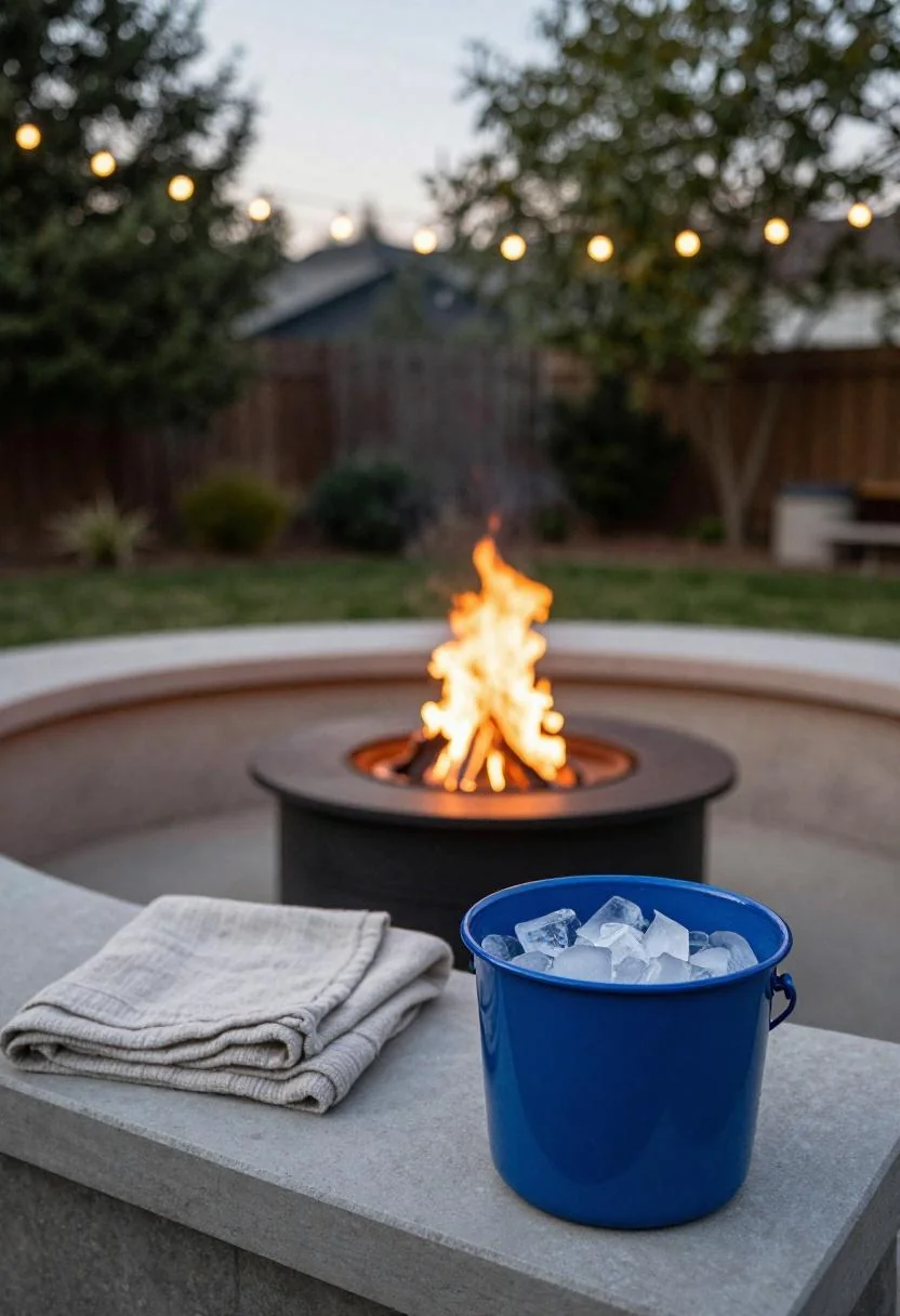 Cool blue enamel drinks bucket beside a concrete fire pit ledge set for a graduation evening party