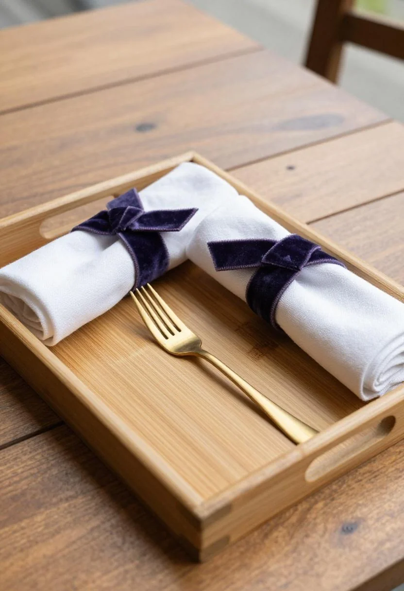 Plum noir velvet ribbon napkins on a bamboo tray for a backyard graduation dinner table