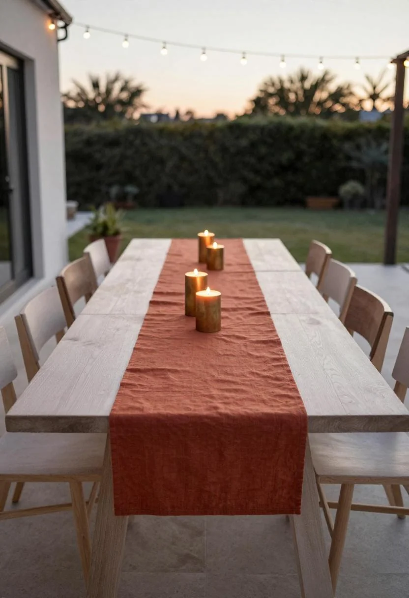 Cream white linen curtains and rattan hanging chair under a backyard pergola for a graduation party lounge corner