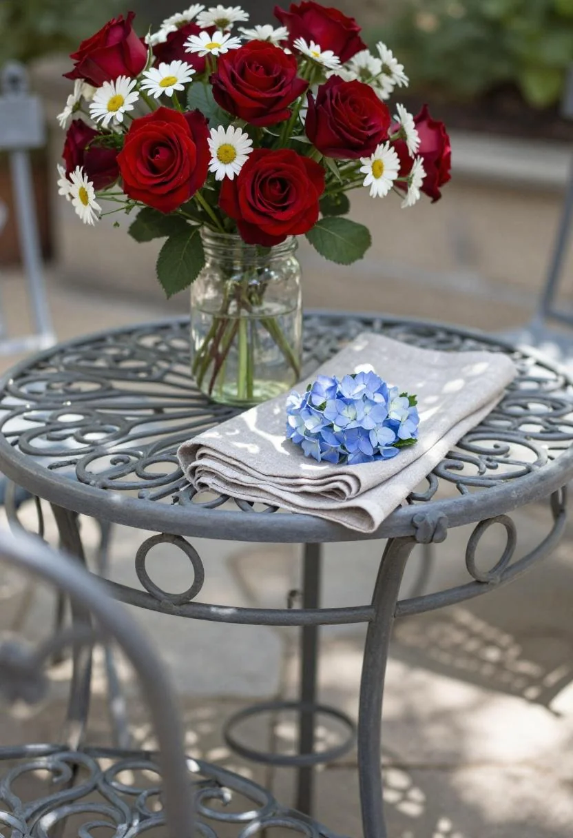 Patriotic flower arrangement in a mason jar on a shaded stone patio table with plum linen accents