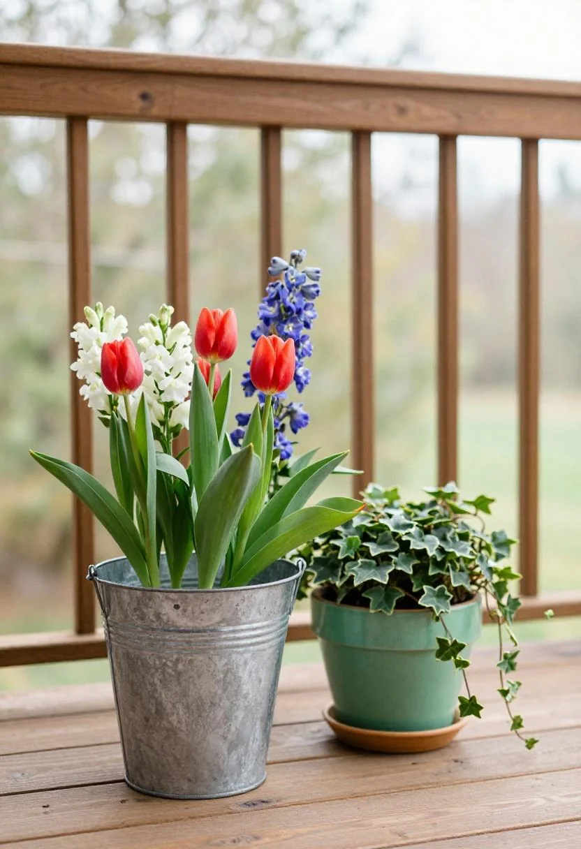Galvanized bucket of patriotic blooms paired with jade ivy pot on a morning-lit cedar deck