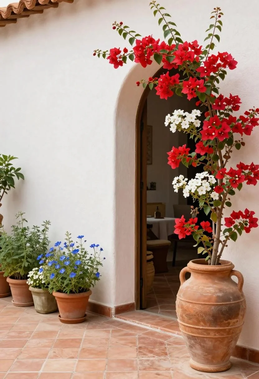 Overflowing clay urn with red, white, and blue blooms beside an arched Mediterranean doorway