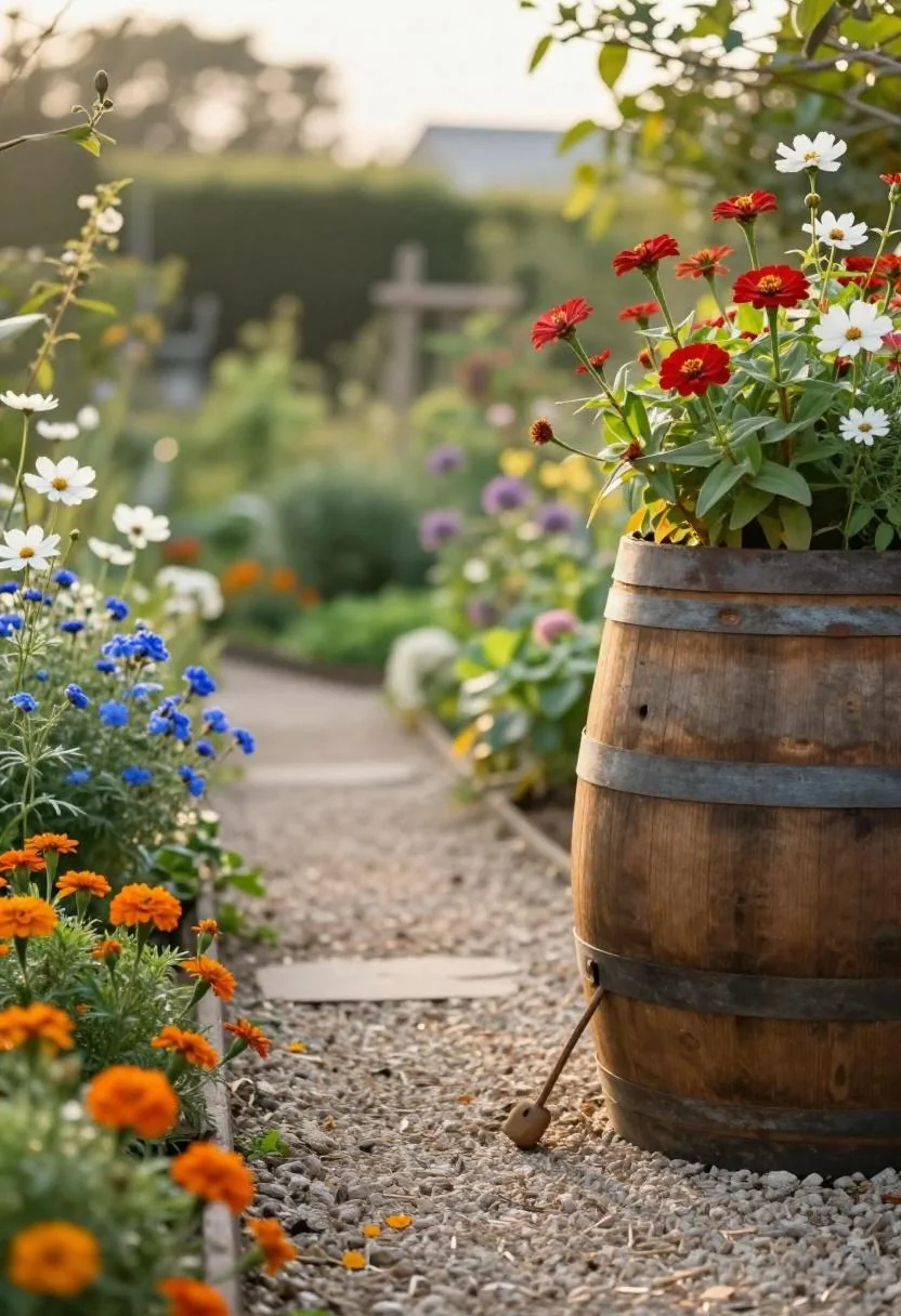 Wooden barrel planter with patriotic cottage blooms beside a gravel garden path at golden hour