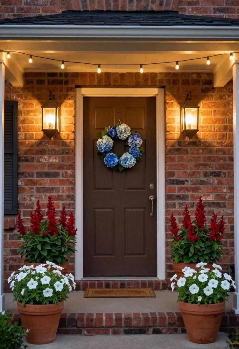 Terracotta pots of red and white blooms flanking brick steps with a blue hydrangea wreath at dusk
